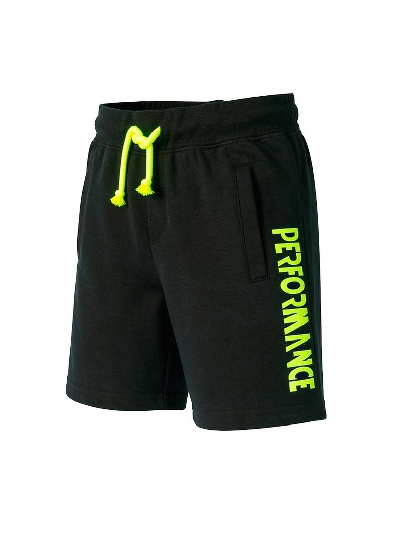 WiNi BEE Boys Shorts for Toddlers 2-6 Years - Black Knee-Length Shorts with Neon Green Drawstring | Graphic Print Casual Sportswear Pants for Active Play, Outdoor & Summer - Image 1